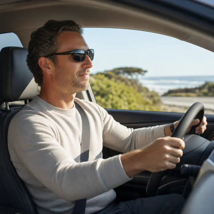 Driver wearing sport sunglasses on a bright coastal road