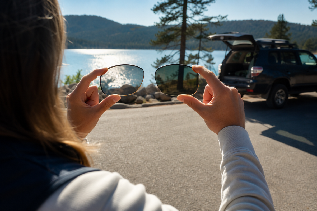 Side-by-side outdoor view comparing polarized and non-polarized sunglass lenses