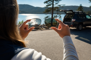 Side-by-side outdoor view comparing polarized and non-polarized sunglass lenses