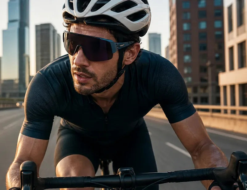 Cyclist wearing a helmet and shield sunglasses on an urban road