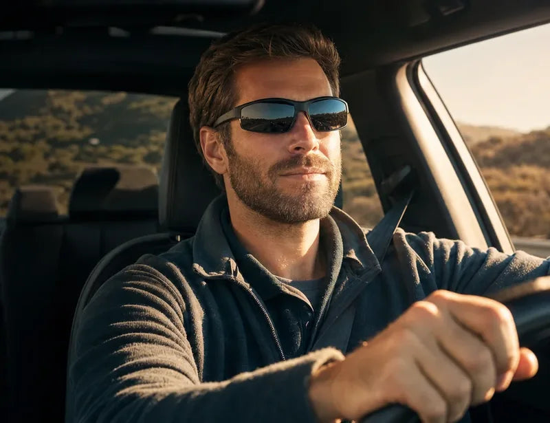 Driver in a car wearing sunglasses and a fastened seat belt