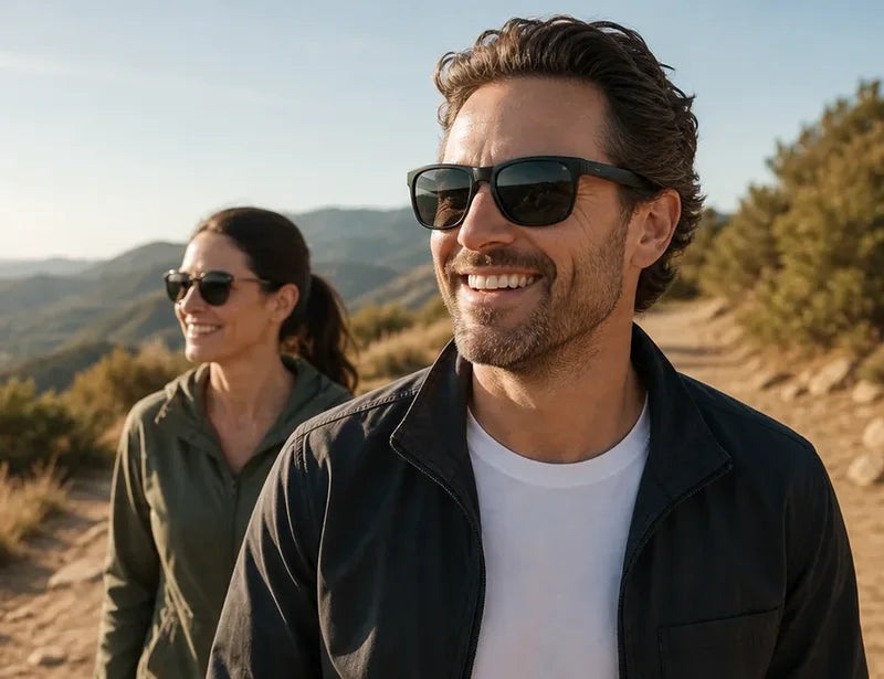 Two people wearing sunglasses while walking outdoors