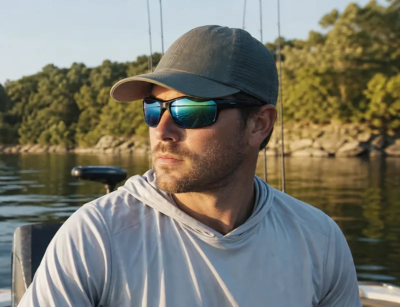 Person wearing mirrored sunglasses on a boat beside a lake