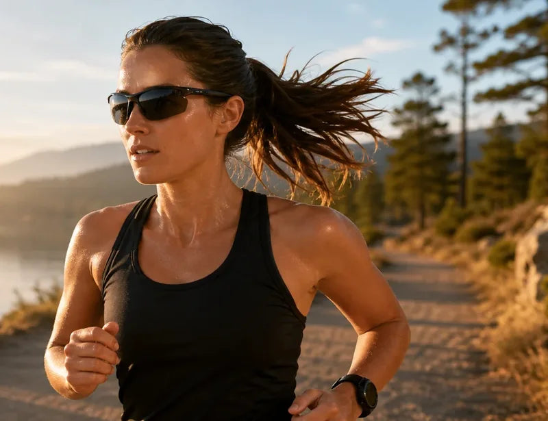 Runner wearing sunglasses on a sunlit outdoor trail