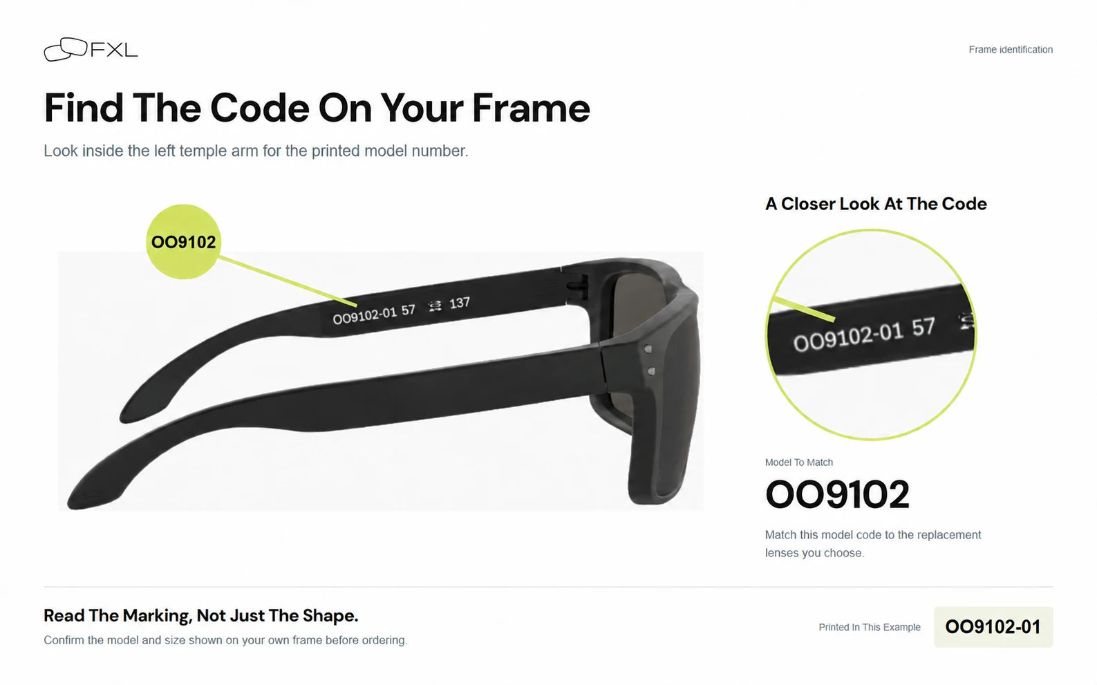 Find the code on your frame: a Holbrook example with OO9102-01 printed inside the temple arm and a magnified detail. Match the model and size shown on your own frame before ordering.
