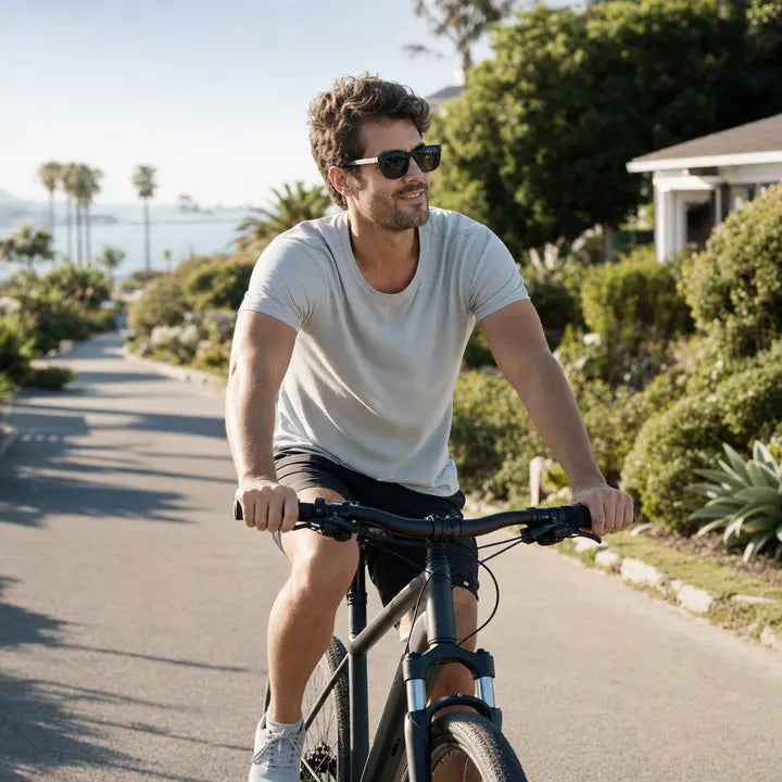 Casual cyclist wearing sport sunglasses on a coastal path