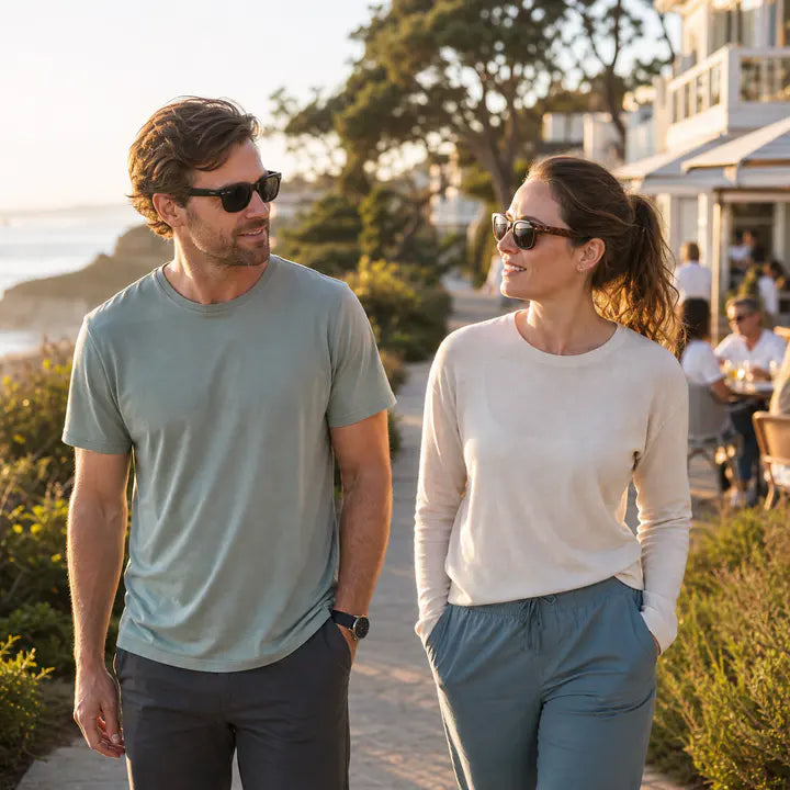 Friends wearing sport sunglasses on a warm coastal walk